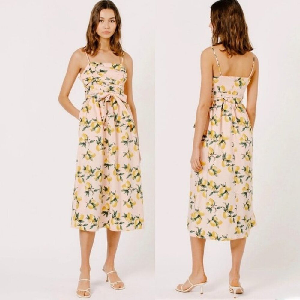 Limoncello Dress Light Pink Lemon Print Ruched Midi